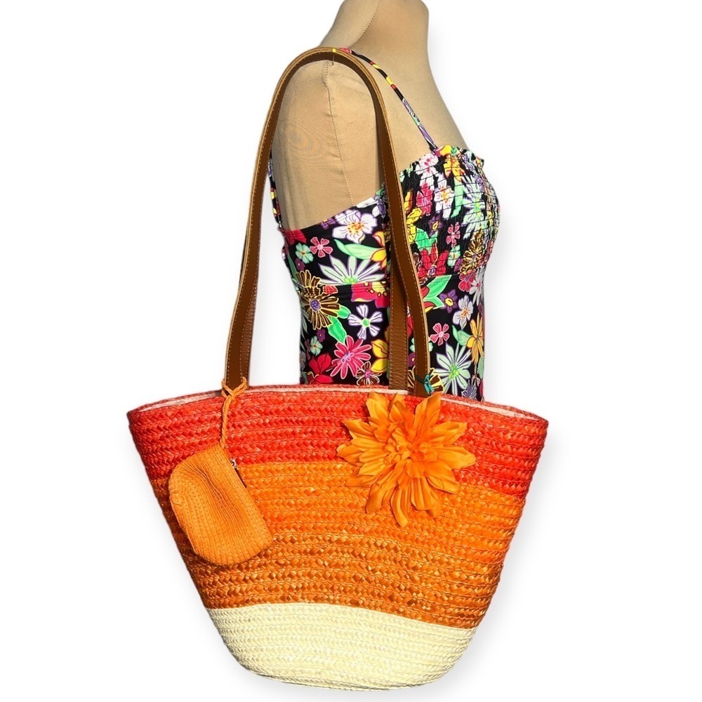 World Traveler Pacific Paradise orange rattan tote bag with change purse - Picture 4 of 11
